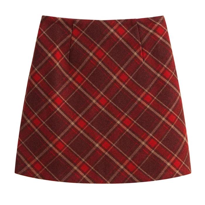 Women's Red Plaid High-Waisted Woolen A-line Skirt - Autumn/Winter 2025 Collection