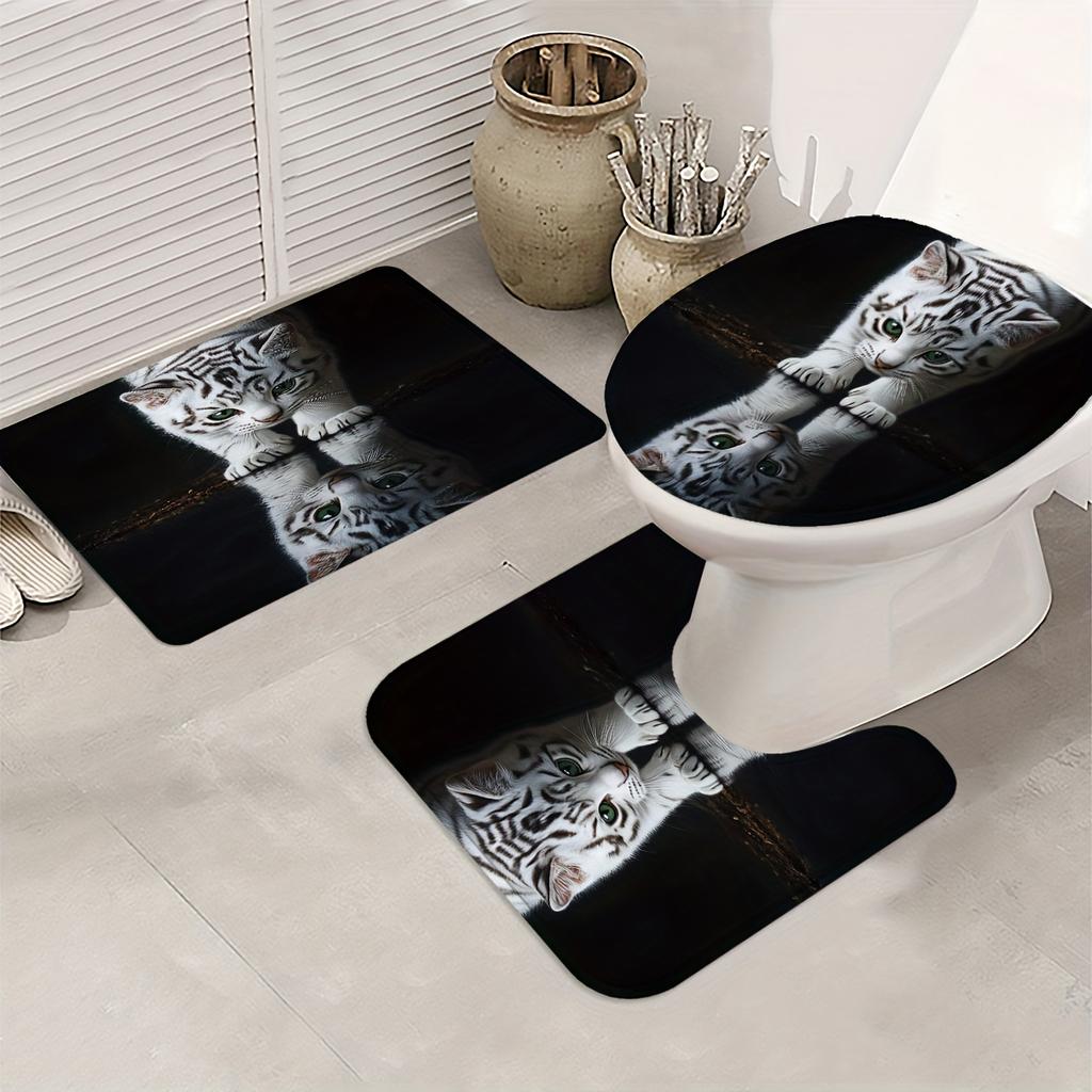 4Pcs Majestic Tiger Shower Curtain Set with Non-Slip Bath Mat, Toilet Lid Cover, Contour Rug & 12 Hooks, Bathroom Decor