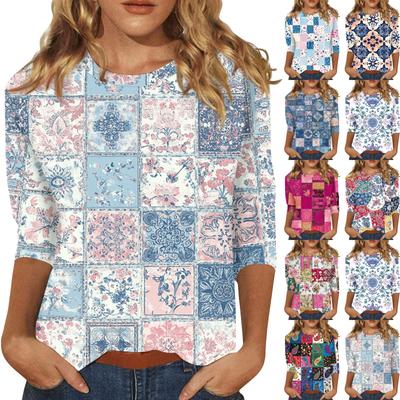 Damenmode Lässig Dreiviertelärmel Vintage Blumendruck Rundhals Oberteil