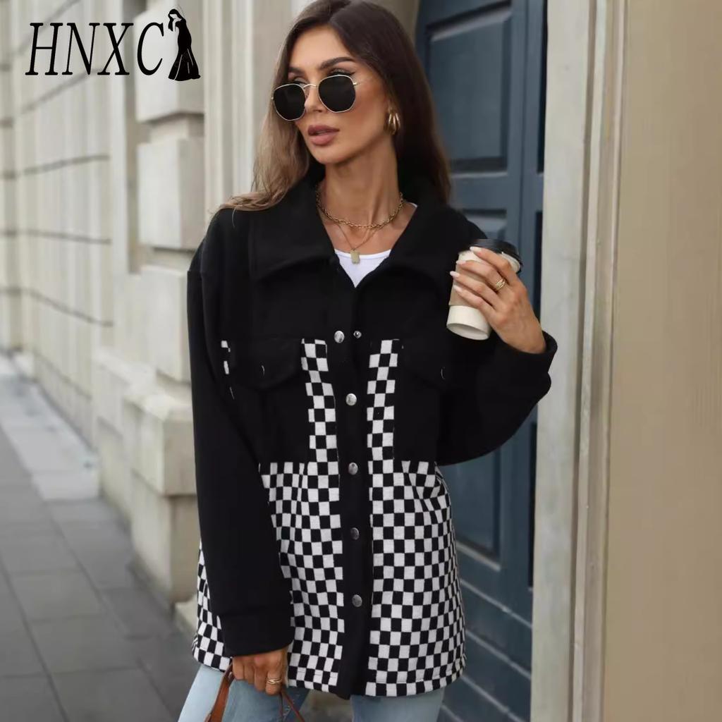 HNXC Women's Autumn and Winter Lapel Single-breasted Long-sleeved Fleece Check Coat for Women