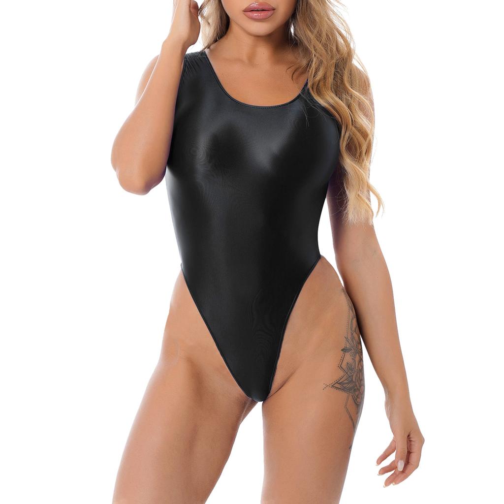 Glänzender, ärmelloser, hoch geschnittener Damen-Body, einteiliger Badeanzug für Yoga, Sport, Fitness, Schwimmen, Bade-Body
