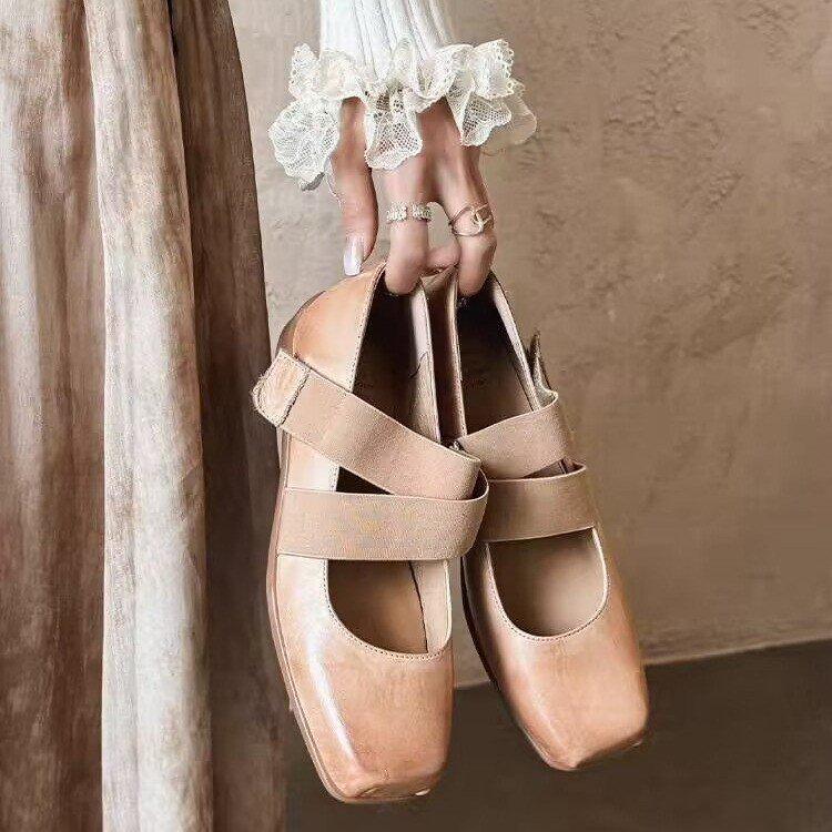 Sheepskin version~ French retro square head cross belt sports ballet single shoes low heel light mouth commuting Mary Jane shoes