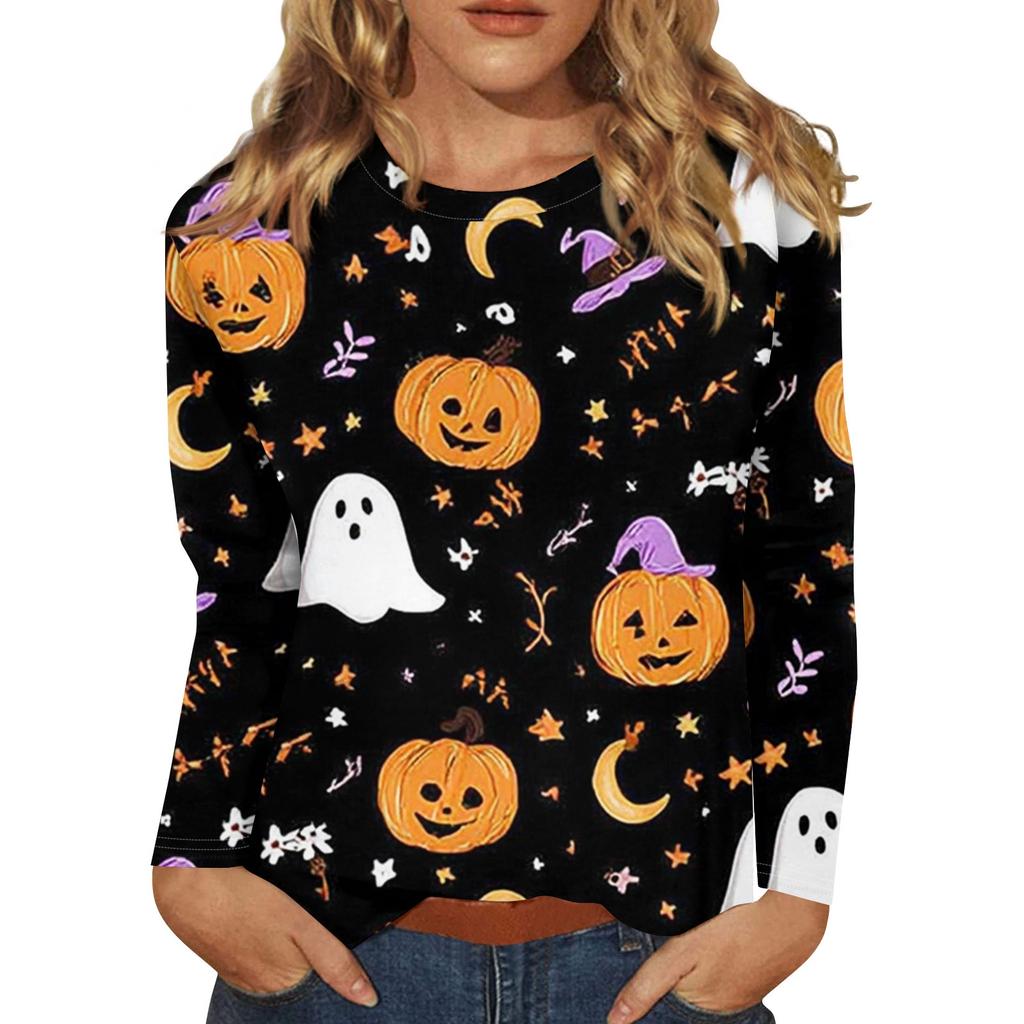 Women's Fashion Casual Halloween Printed Round Neck Long Sleeve Pullover Top