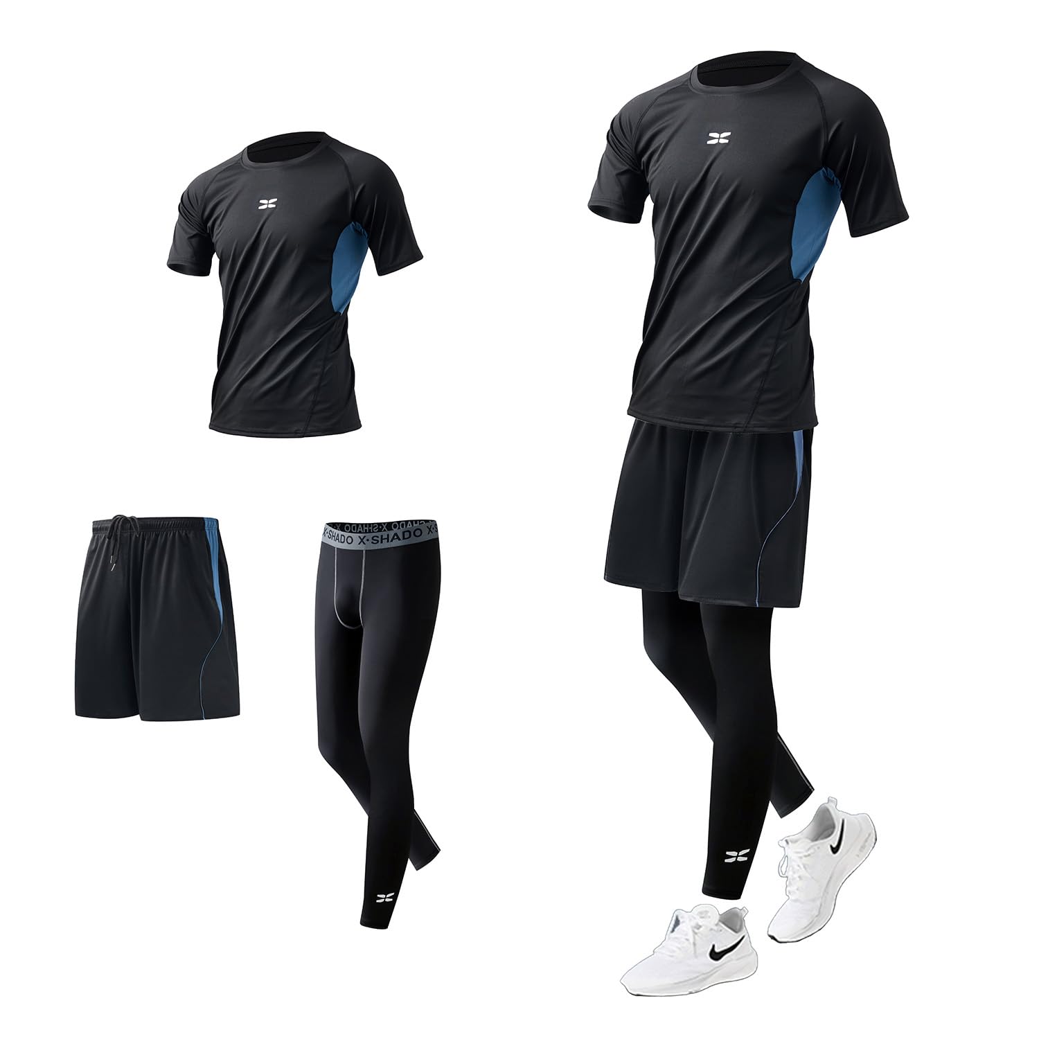 

Compression Wear Set for Top High Compression [Ademe] 3-Piece Men Long-Sleeve, Short-Sleeve, & Bottom, Sweat-Wicking, Quick-Drying, Tights,