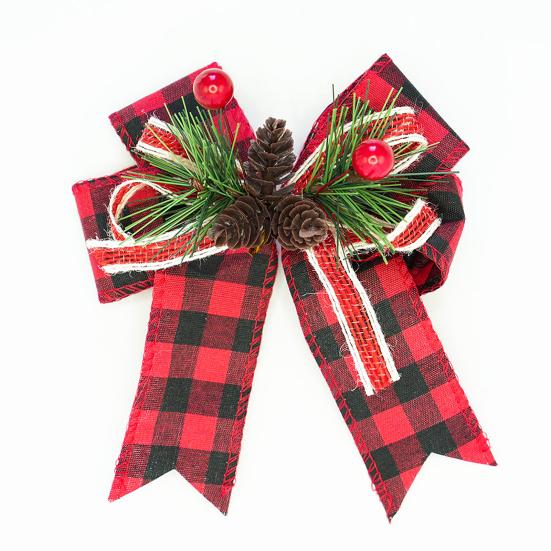 Christmas Burlap Plaid Bow with Pine Cones Pine Needles Large Buffalo Plaid Bow Xmas Wreath Checkered Bow for Holiday Crafts Home Party Tree Decor