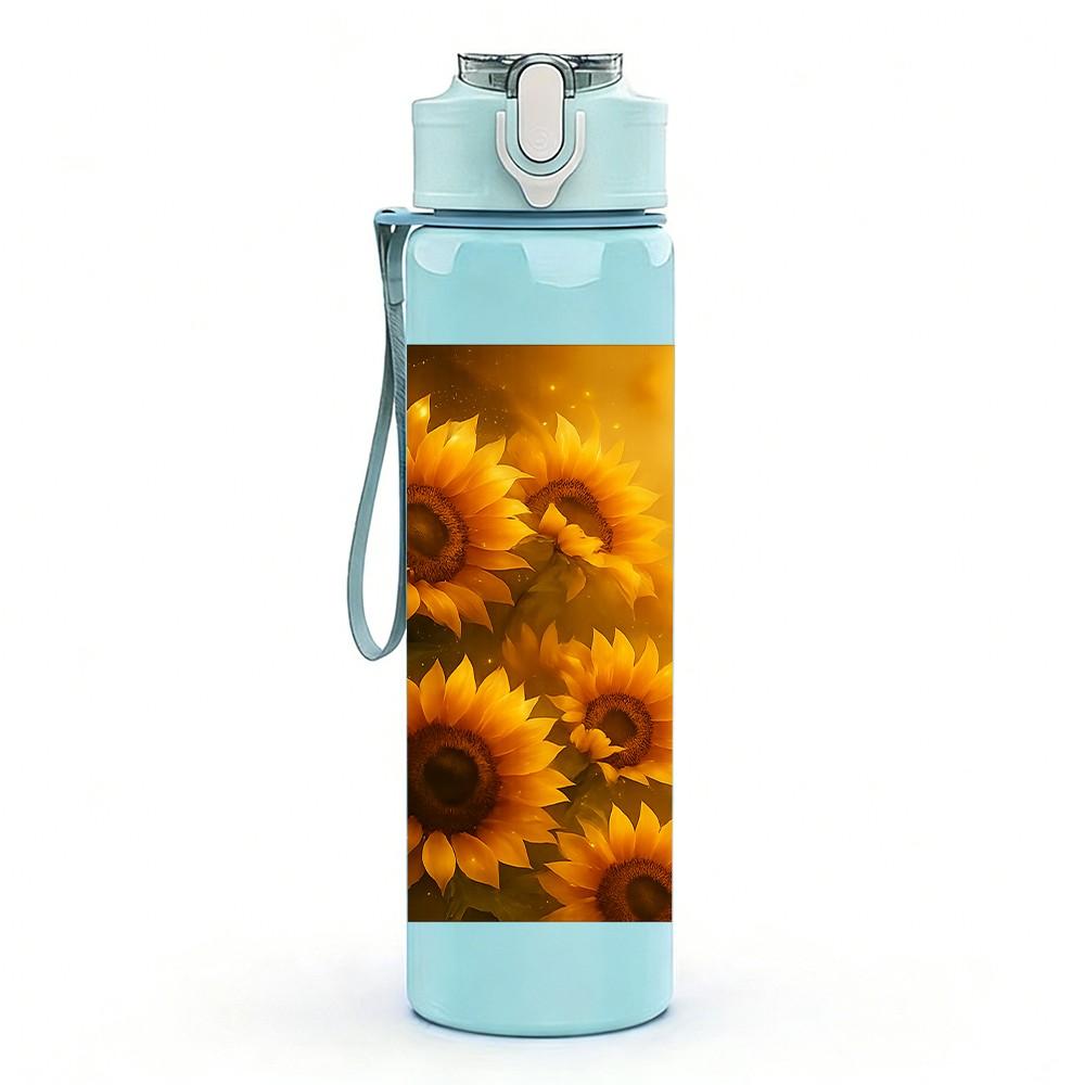 1PC Bright Sunflower Flower Print 750ml Color Plastic Sports Water Bottle Leakproof Flip Straw Lid Suitable for Sports Office Home Use