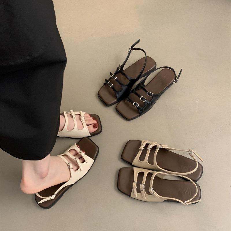 2025 Spring and Autumn New Square Head Sandals Women's Retro French Beautiful Fairy Evening Breeze Flat Bottom Seaside Luo