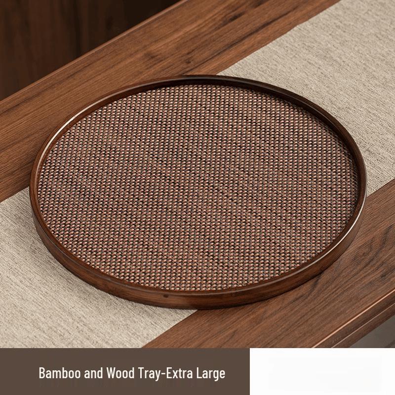 ZISIZ Bamboo Round Serving Tray with Rattan Mat