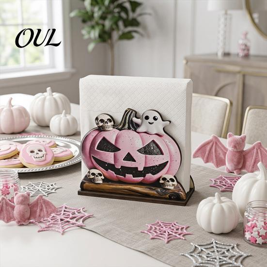 Ghost Napkin Stand Halloween Wood Holder, Pumpkin Black Cat Gnome Dispenser, Funny Holder Spooky Standing Tissue for Holiday Kitchen Dining Room Decor