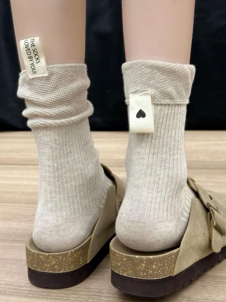 Spring And Autumn Heel Cloth Label Calf Socks Thick Thread Knitted Vertical Strips Solid Color Slack Versatile Stacking Socks Women