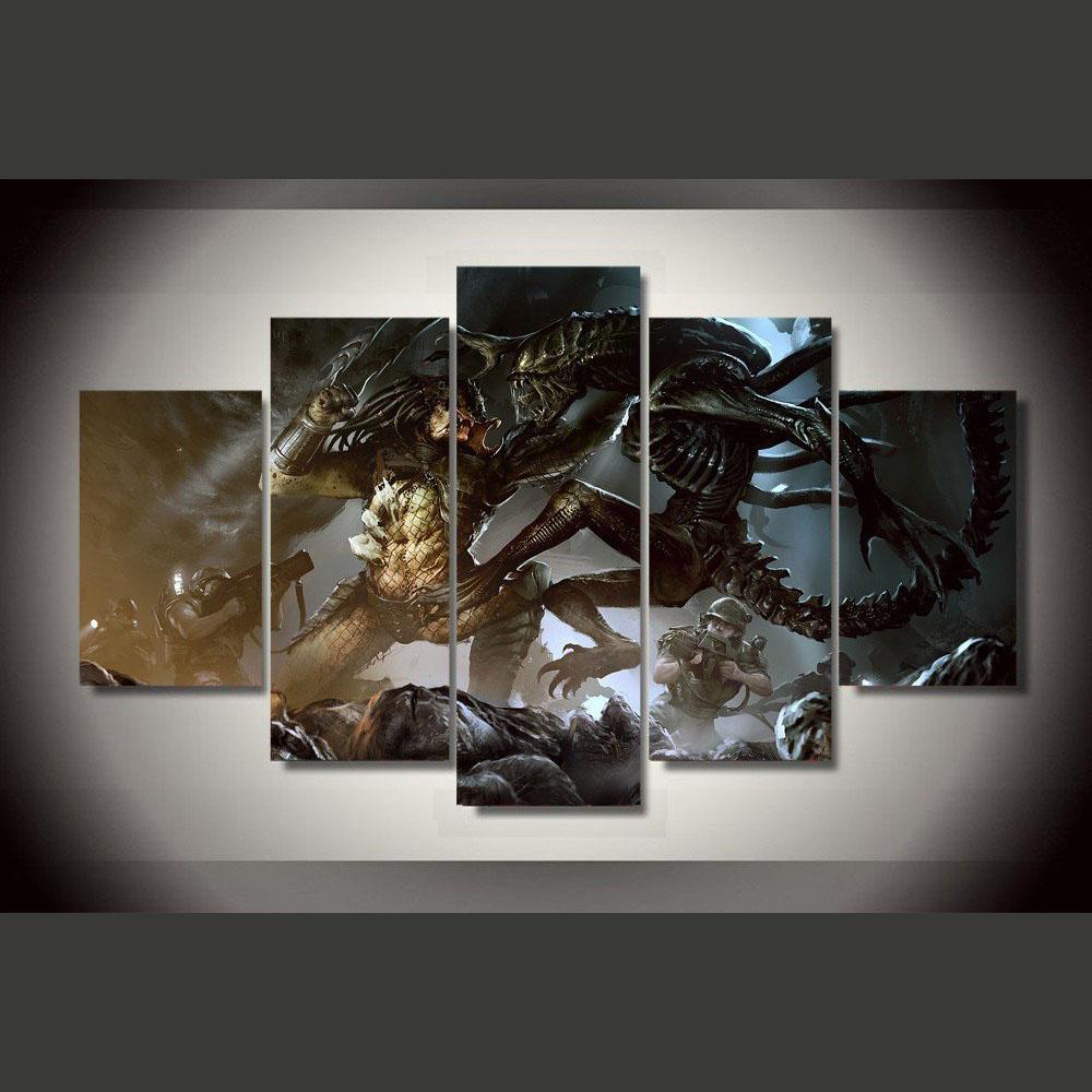 

No Framed 5 Pieces Alien vs Predator v2 Movie Kids Gift HD Wall Art Canvas Posters Pictures Paintings Home Decor for Living Room 20x35 20x45 20x55cm