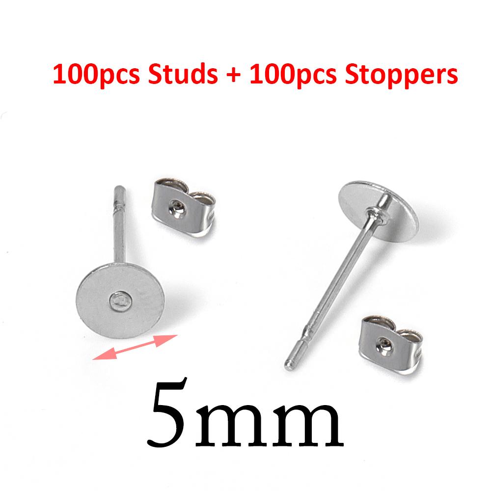 100pcs Gold Color 316L Stainless Steel Earring Studs DIY Ear Blank Post Pins 3-12mm Flat Round Tray Base Ear Jewelry Making DIY