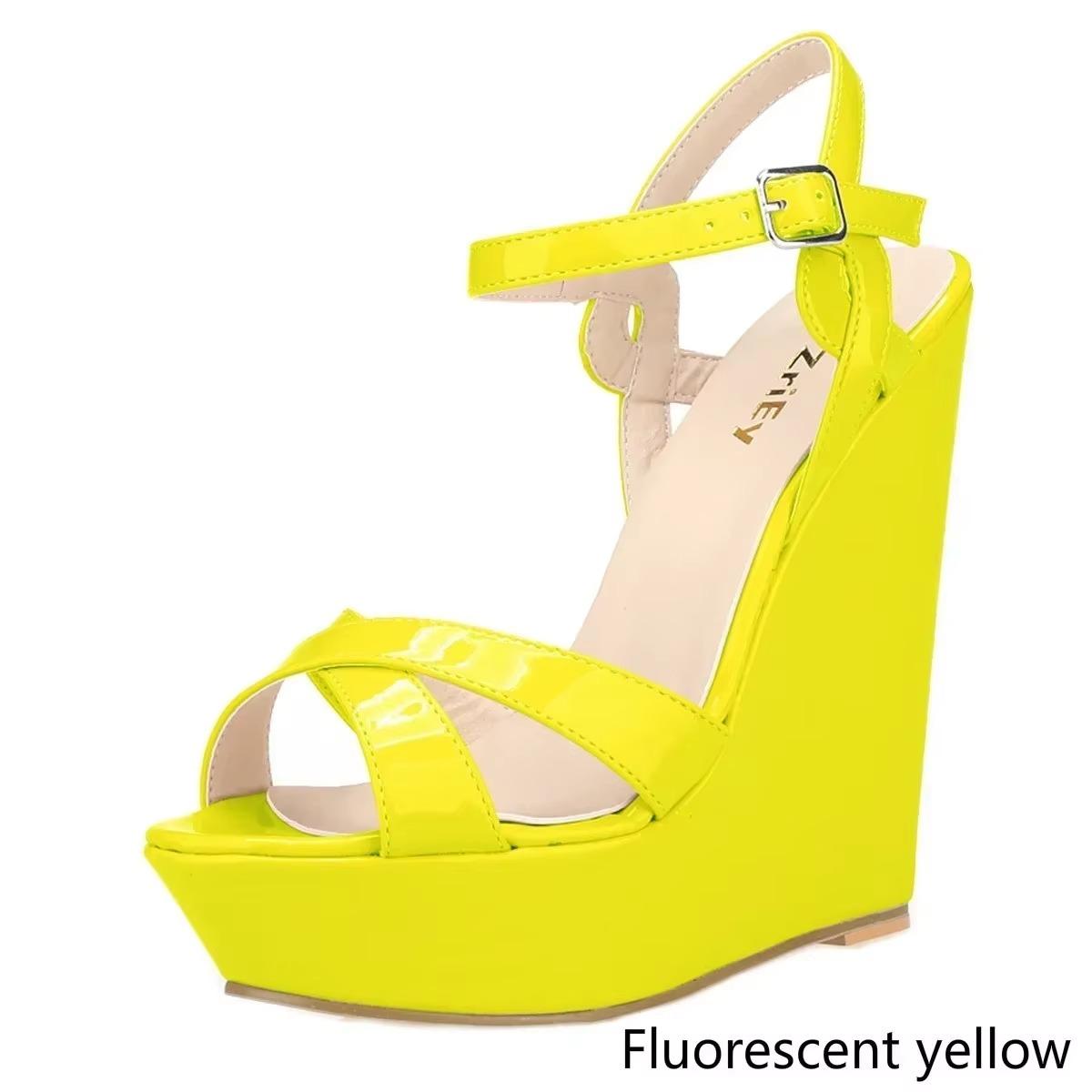 Женские босоножки сексуальные с открытым носком и ремешком на щиколотке на платформе и танкетке 14 см, очень высокие каблуки-гладиаторы с пряжкой, элегантные летние туфли 40 флуоресцентный желтый
