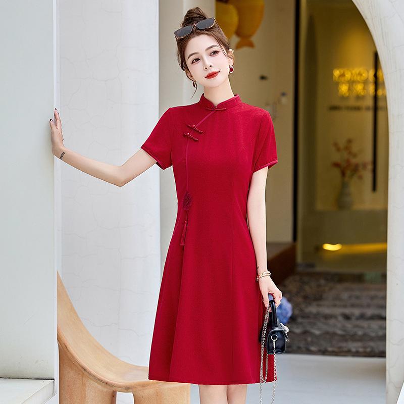 2025 Summer Women's Chinese Style Dress with Stand-up Collar and Tassel Appliqué - Style LX283