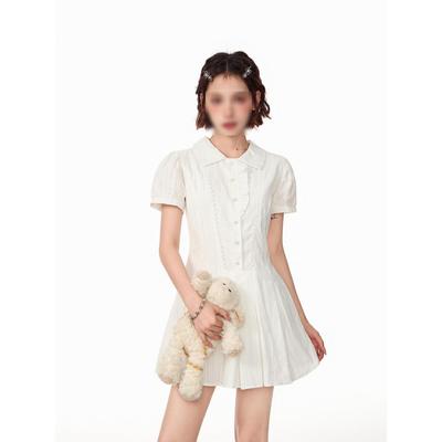 College Style Bubble Sleeve A-shaped Dress, High-end Design Sense, Summer New Sweet Waist and Thin Dress for Women