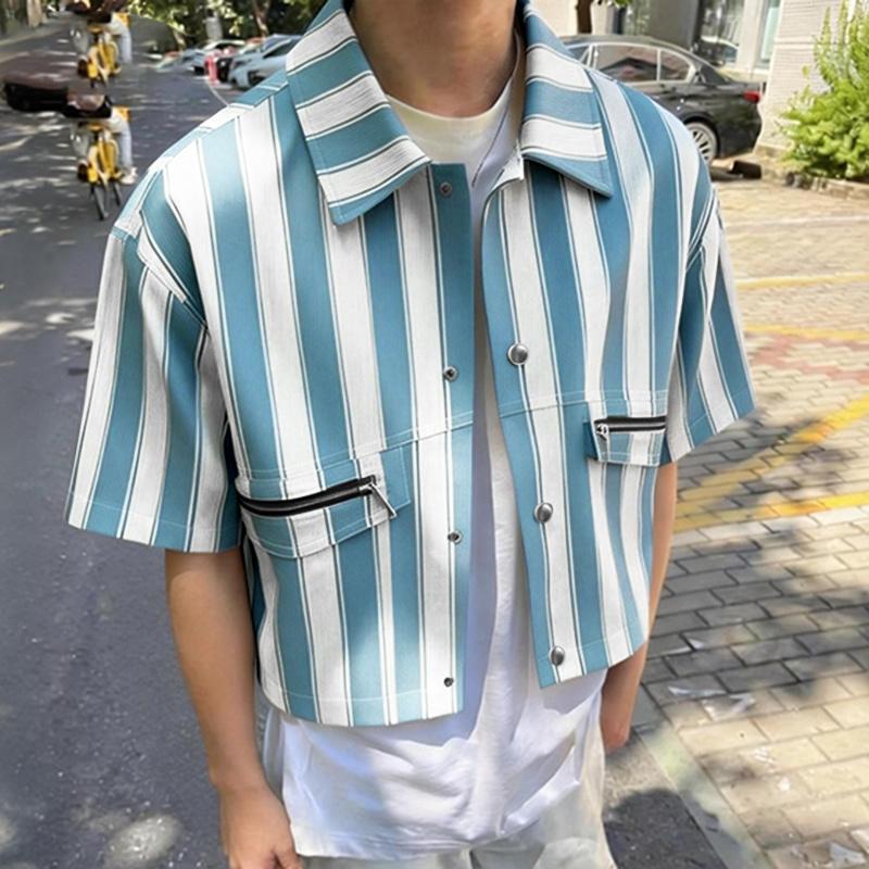 INCERUN S-5XL Men Lapel Neck Short Sleeve Striped Print Casual Oversized Cropped Tops Shirts