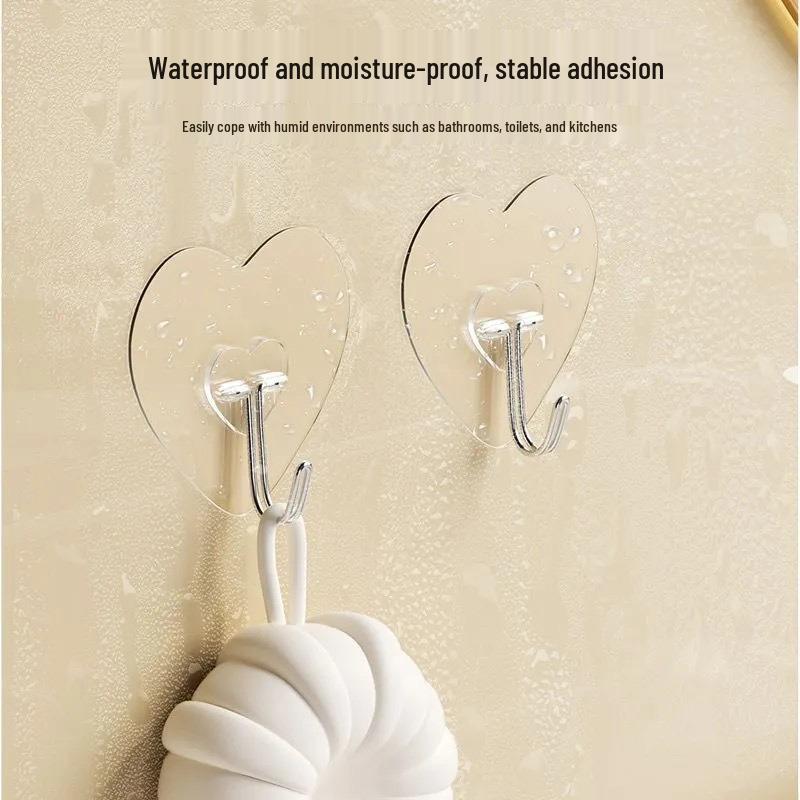 

Transparent Heart-Shaped No-Drill Adhesive Hook for Kitchen and Bathroom Single