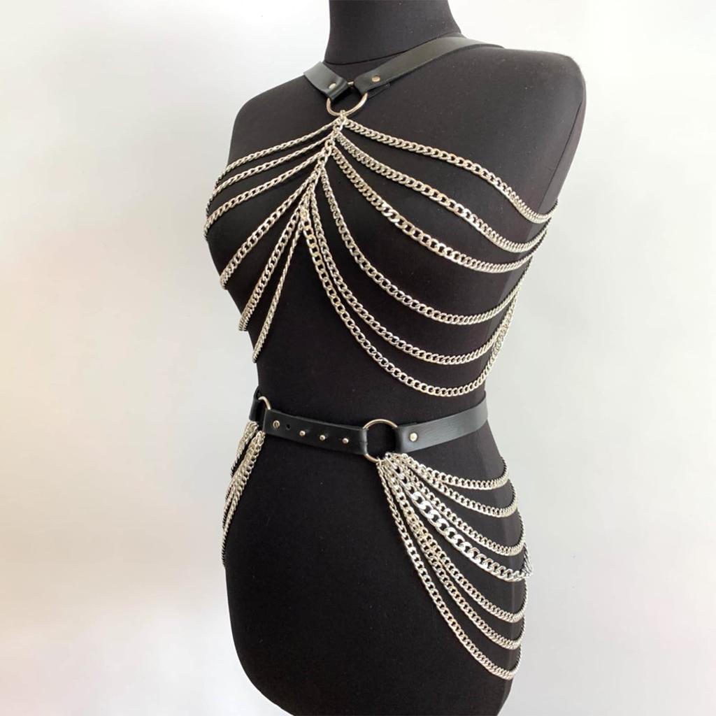 Ketten Kostüm Set, Gothic PU-Leder Weste, Handgefertigte Y2K Körperkette Metallbeschläge, Rave Outfit Brustgeschirr Gürtel Kette.