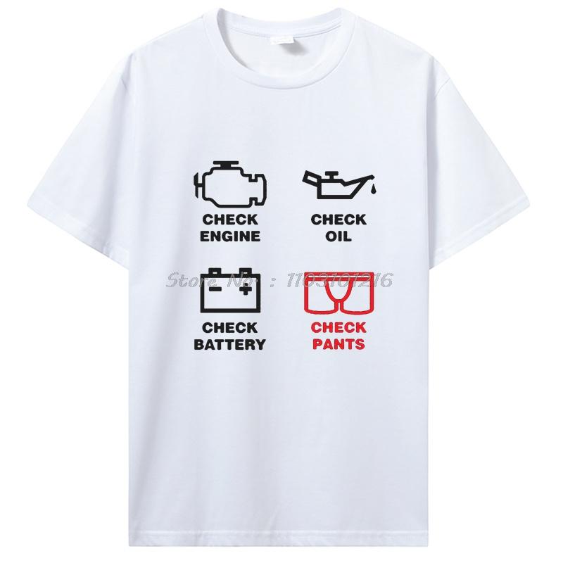 Funny Check Engine Oil Battery Pants Print T-shirt Cotton Fitness Short Sleeve O-Neck Mechanic Repair Tees Tops Men's Clothing