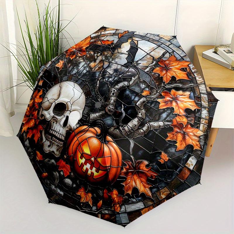 Halloween Skull & Pumpkin Stained Window PanelUmbrella, Portable 3-Fold Compact Umbrella,Christmas Gift ES636