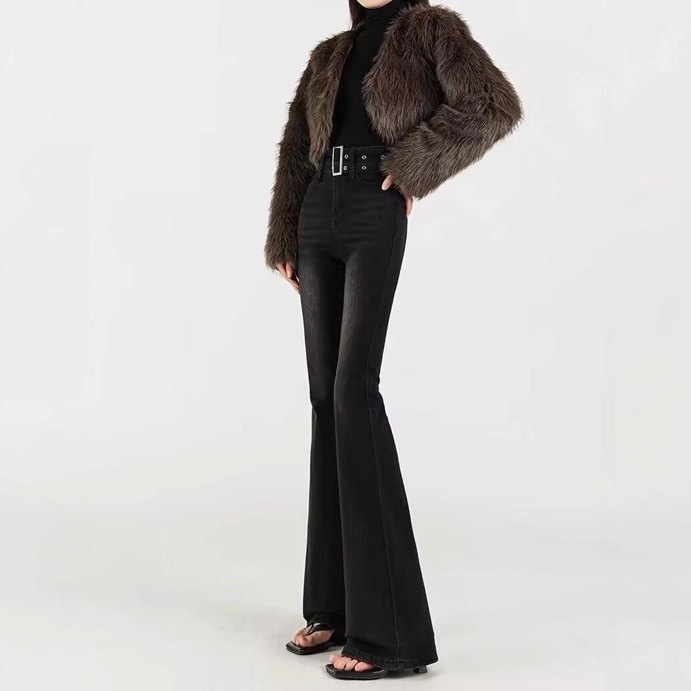 High Waist Retro Black Flare Jeans with Belt - Women's Slimming Floor-Length Pants
