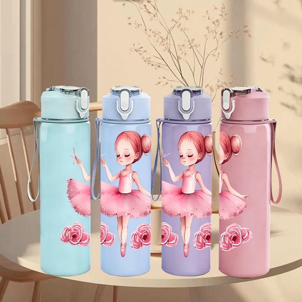 1PC Soft Pink Ballerina Girl Print 750ml Color Plastic Sports Water Bottle Leakproof Flip Straw Lid Suitable for Sports Office Home Use