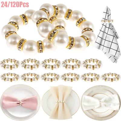 24/120Pcs Pearl Napkin Rings Elegant Pearl Elastic Serviette Holder For Christmas Birthday Wedding Party Banquet Table Decor