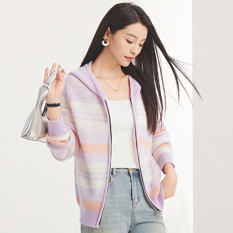 FAPAI Women's 100% Wool Striped Zip-Up Hoodie Cardigan