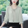 Spring Autumn Ruffles V-neck Lace Up Elegant Shirt Women 3/4 Sleeve Embroidery Solid Pullover Blouse Top