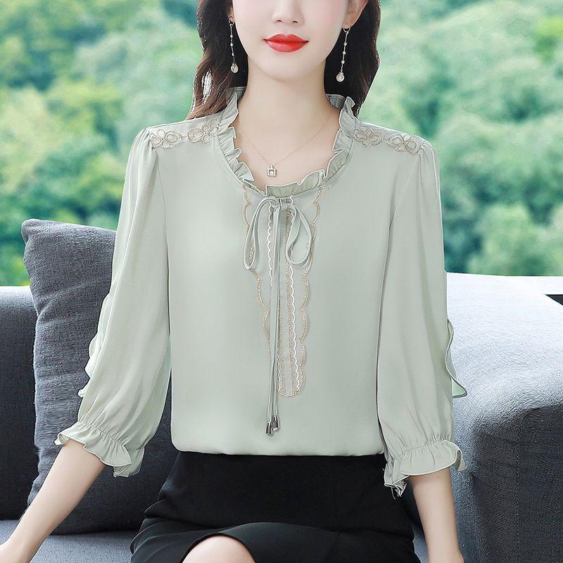 Spring Autumn Ruffles V-neck Lace Up Elegant Shirt Women 3/4 Sleeve Embroidery Solid Pullover Blouse Top