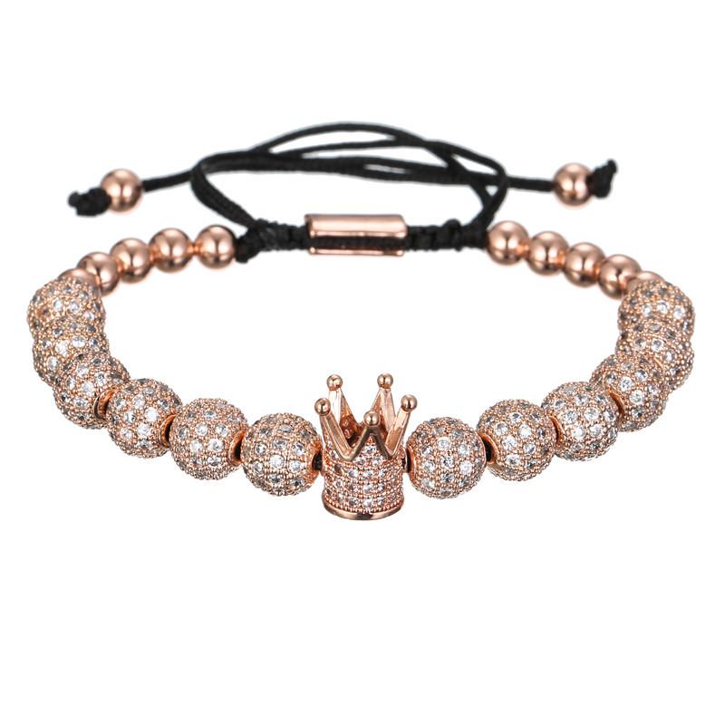 Men's Copper Bead Bracelet with Zirconia Crown and Adjustable Woven Design