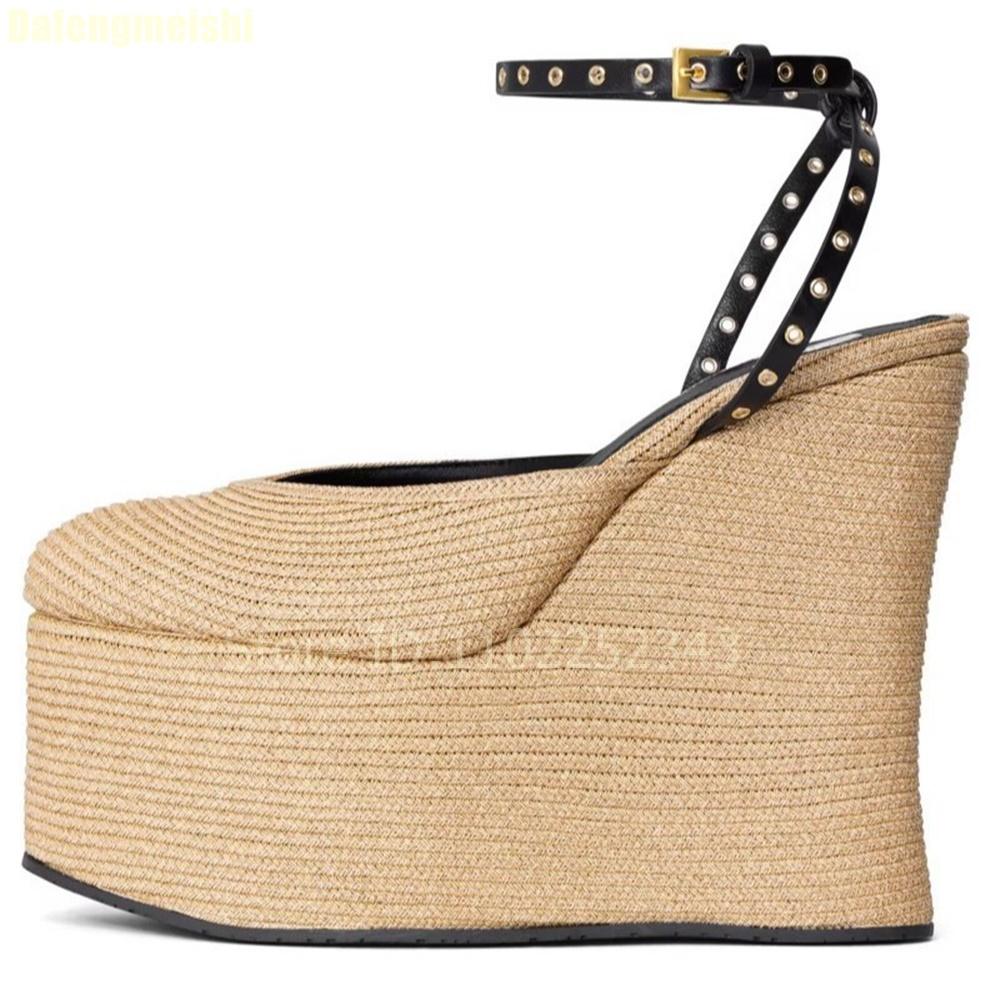 Shallow Ankle Strap Super High Heel Wedges Sandals Grass Woven Platform Women Summer Sandals 2025 New Linen Round Toe Sandals