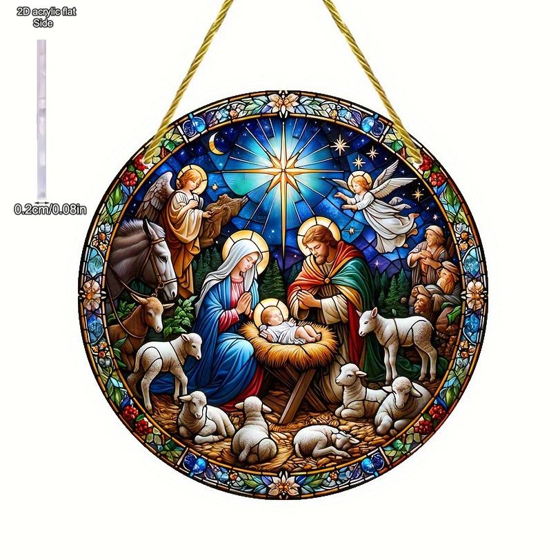 Round Acrylic Stained Sun Catcher - Vibrant Jesus Birth Design, Ideal for Porch & Garden Decor, Spiritual Home Decor, Four Seasons Decoration
