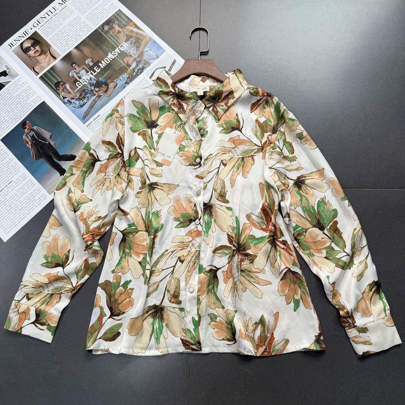 

Foreign Trade Order Niche Brand Ultra Thin Retro Hong Kong Style Series Slippery Material Satin Shirts Top Apricot Print Shirt Tops L