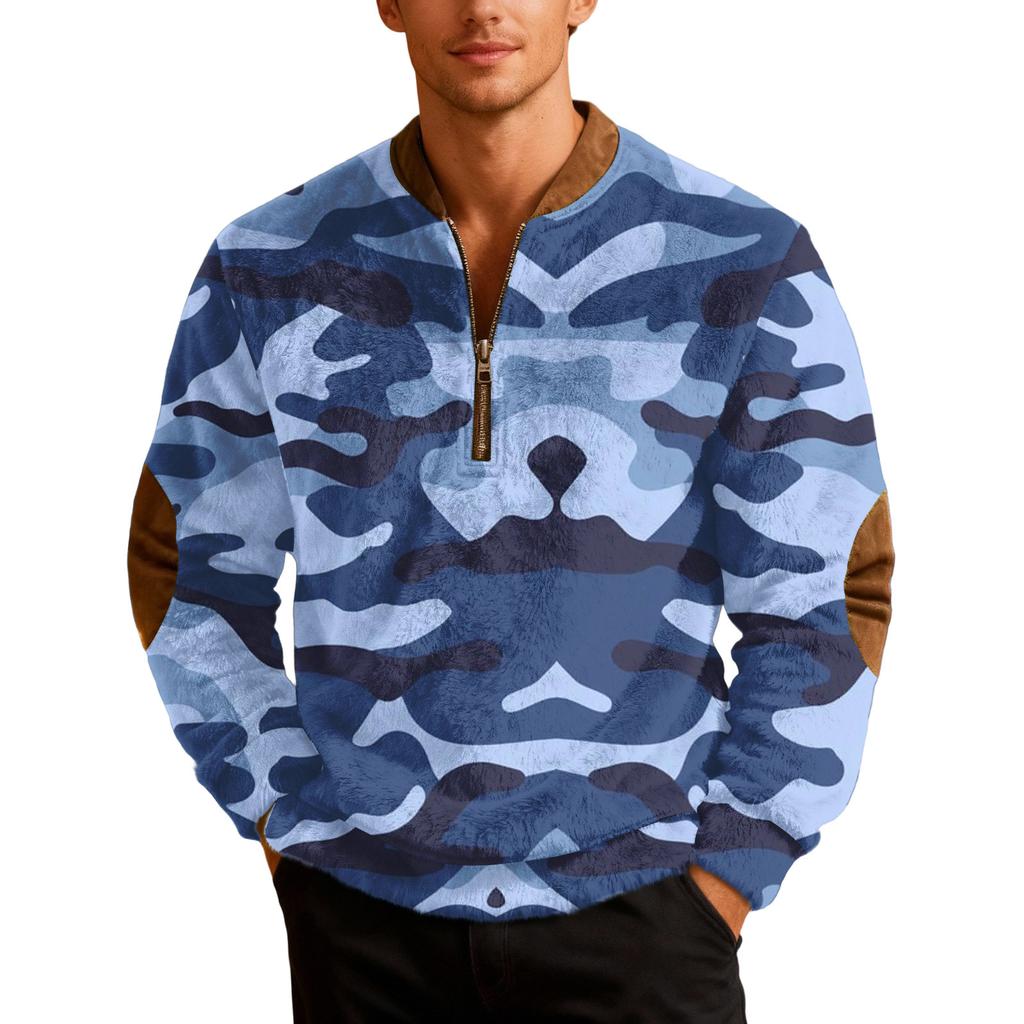 Men's Casual Camouflage Printed Semi-zipper Retro Long-sleeved Sports Sweatshirt