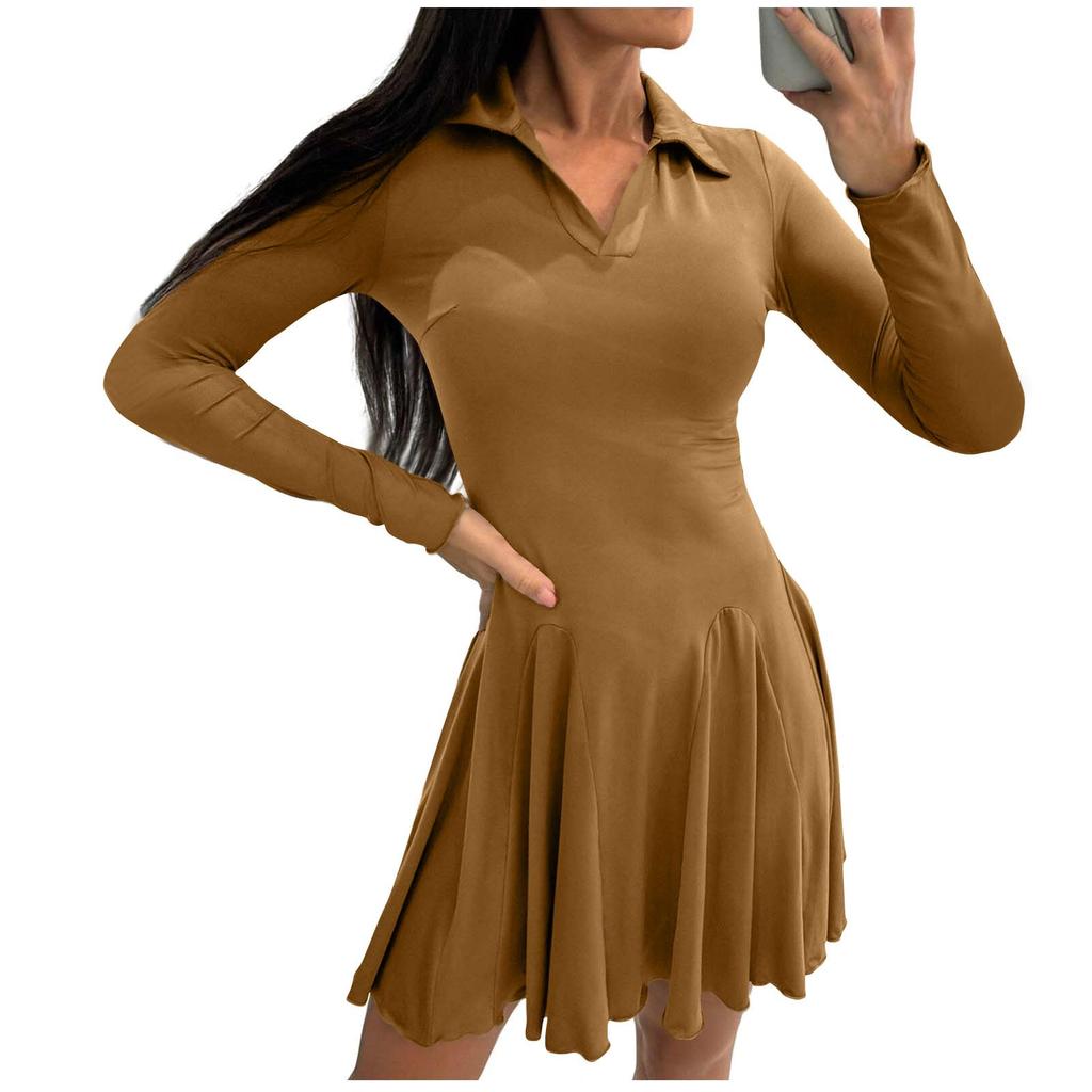 Women's Fashion Casual Long-sleeved Ruffled Short A-line Pleated Dress