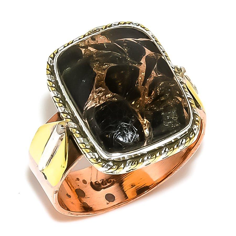 

Natural Copper Black Turquoise Two Tone 925 Solid Silver Gift Ring S.10.5 G9W13