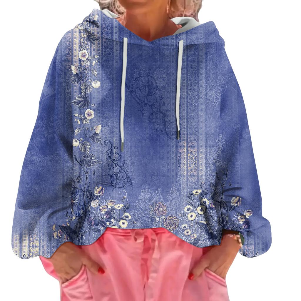 Women's Floral Print Loose Casual Long Sleeved Hooded Sweatshirt