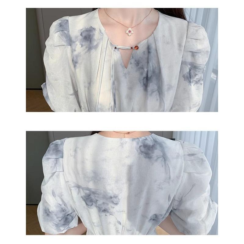 Damska Letnia Sukienka Maxi z Kwiatowym Wzorem, Okrągłym Dekoltem, Bufiastymi Rękawami, Wysokim Stanem, Elegancka, Codzienna