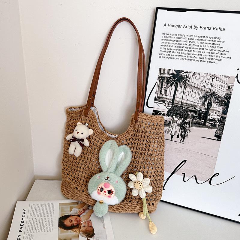 

Spring and summer new large-capacity simple cotton thread woven bag hollow tote bag seaside vacation beach bag хакі
