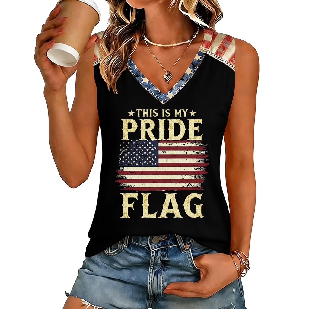 Women V Neck Casual Letter Print Short Sleeve T Shirt Top with Flag Graphic Comfortable Loose Fit Tee Shirt for Daily Wear