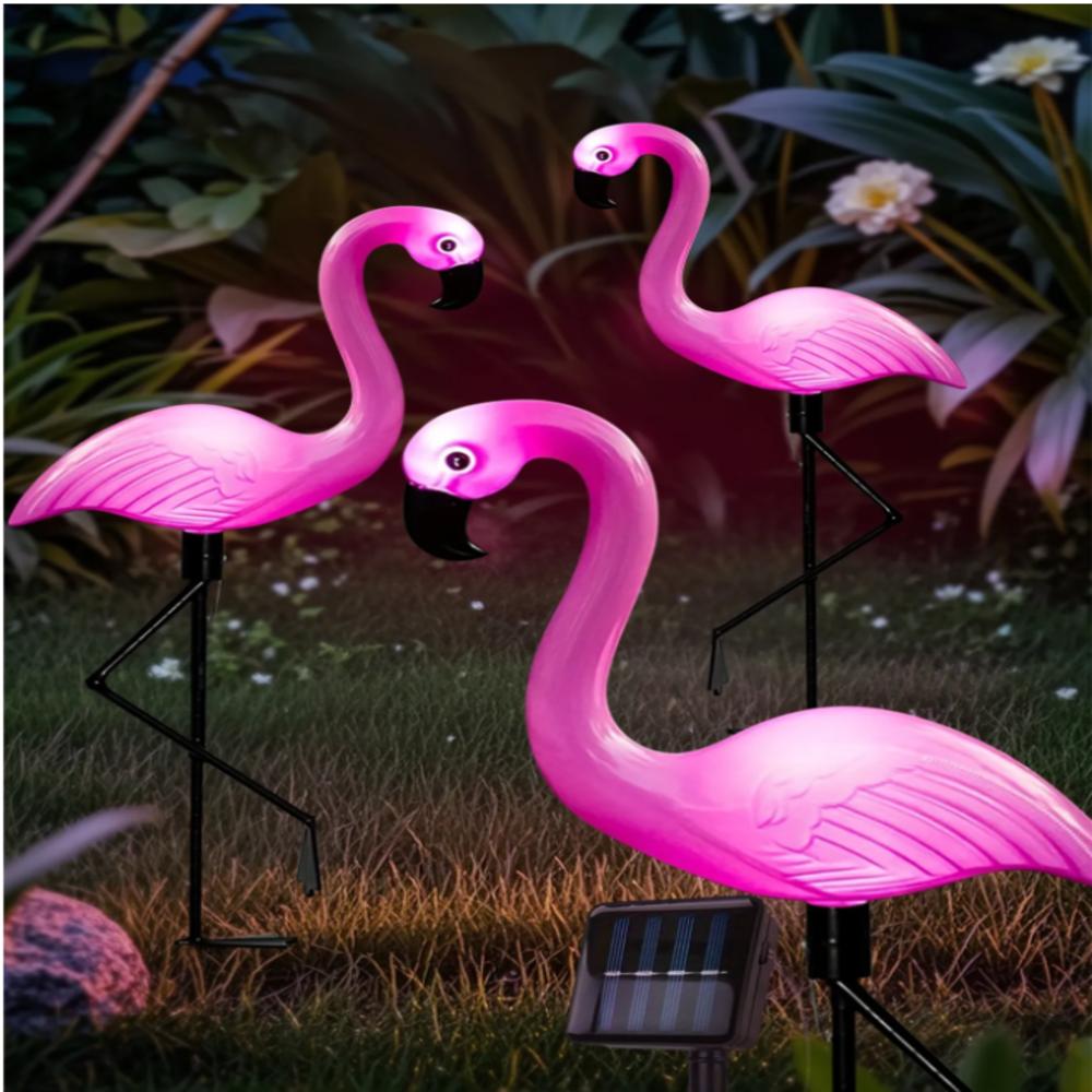 3Pcs Solar Powered Flamingo Ground Stake Lights Waterproof Outdoor Garden Pathway Decorative Night Lights for Yard Patio Lawn
