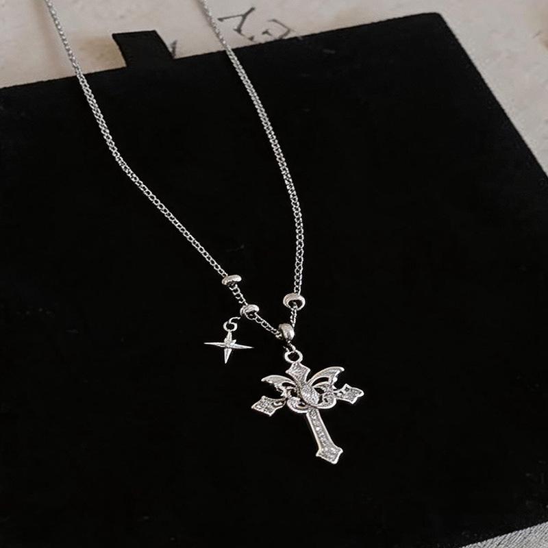 Light Luxury Zircon Starburst Key Cross Necklace - Fashionable Clavicle Chain for Women