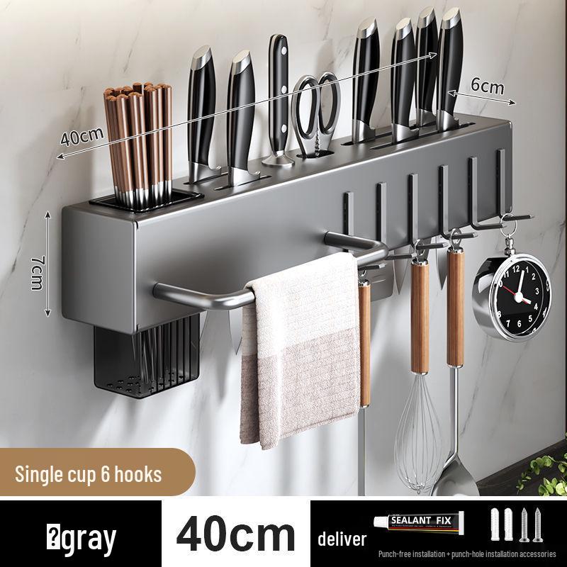 Punch-free Wall-mounted Kitchen Storage Rack: Durable Knife and Utensil Holder with Multifunctional Chopstick Storage