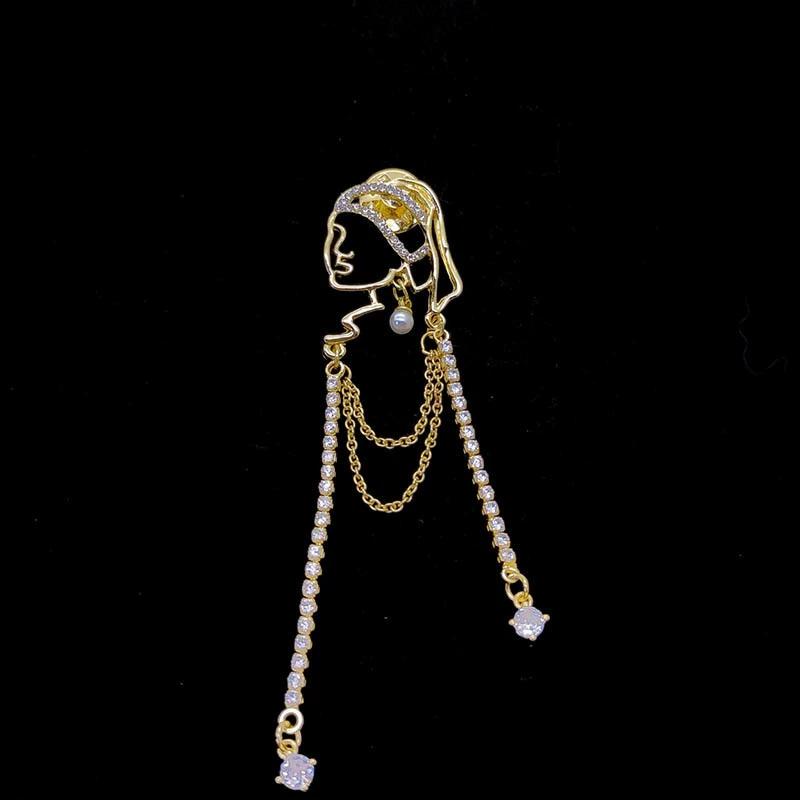 1PC Alloy Brooch Fashion A Girl Elegant Tassel Brooch For Women With Pearl Earrings Dress Collar Accesories Pins Jewelry