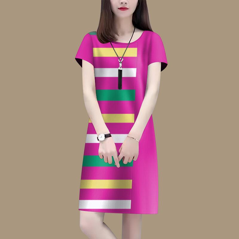 2025 Summer Loose Fit Ladies Round Neck Short-sleeved Dress Korean Style Striped Printing Fashion A-line Mid-length Dress