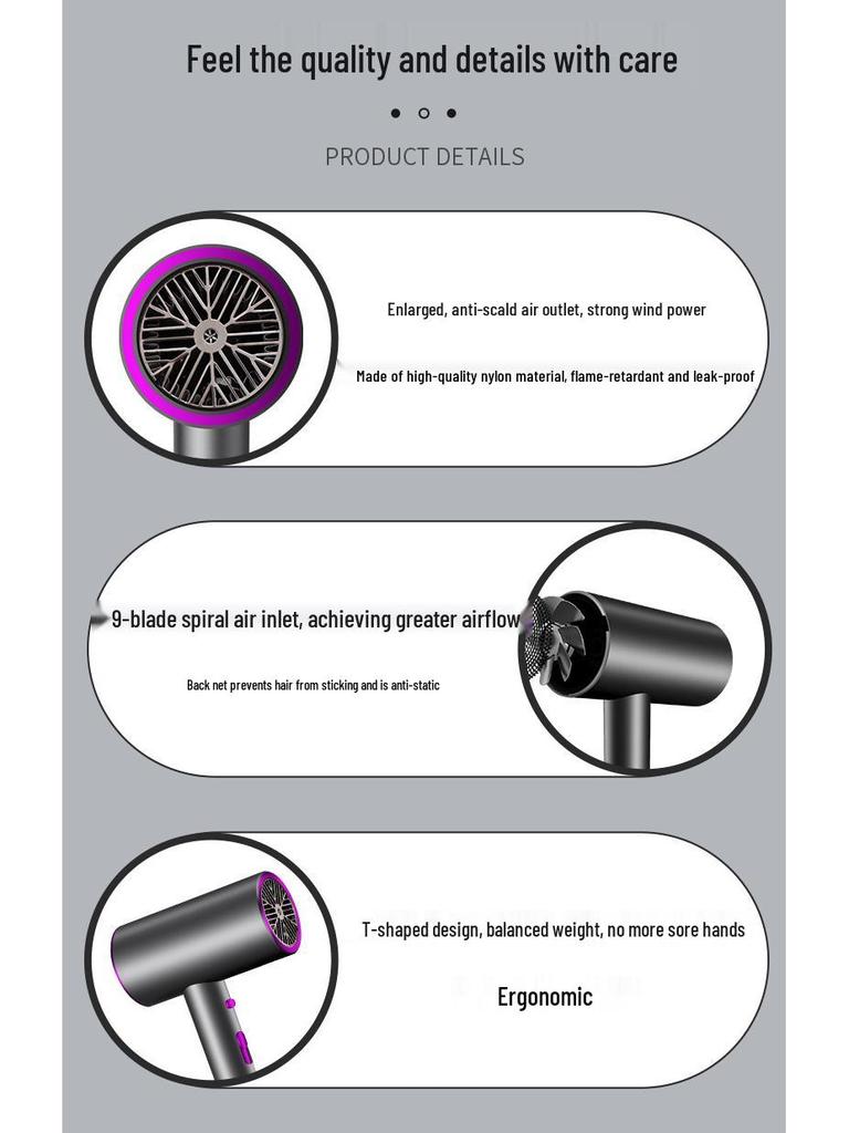 High-Speed Ionic Hair Dryer: Silent, Strong Wind, Quick-Dry, Constant Temperature, High Power for Household and Dormitory Use.