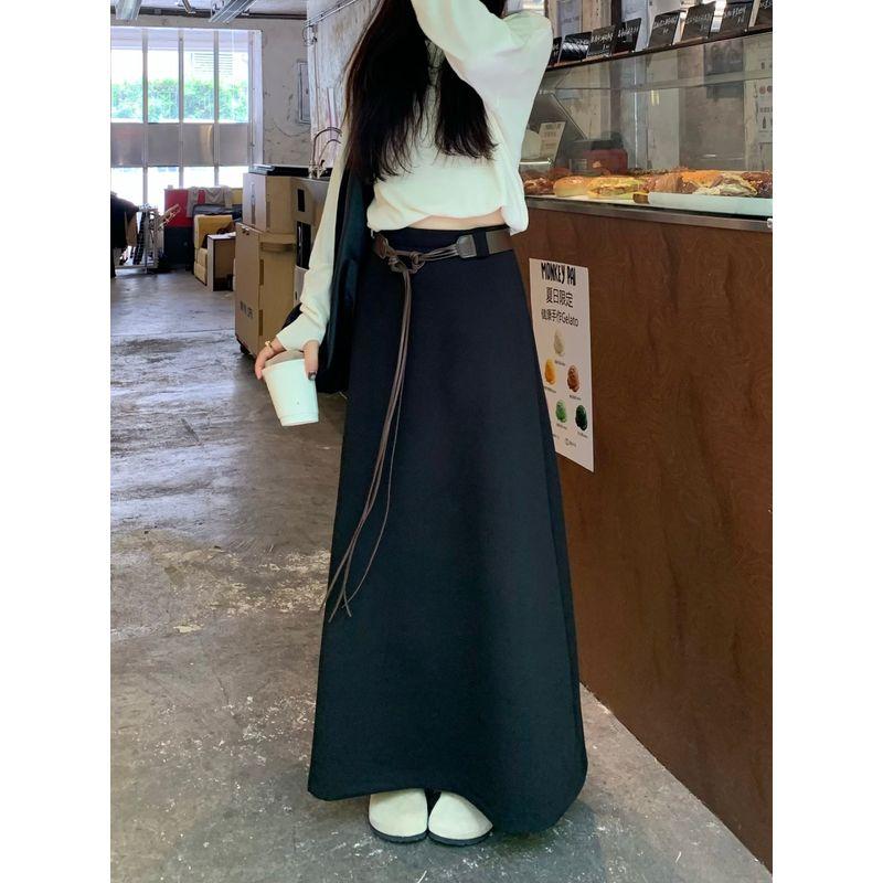 

Юбка Кумикуми Нежный Минималистичный Однотонный С высокой талией Женская Осенняя Свободная Приталенная и Универсальная Драпированная Юбка Миди Black L