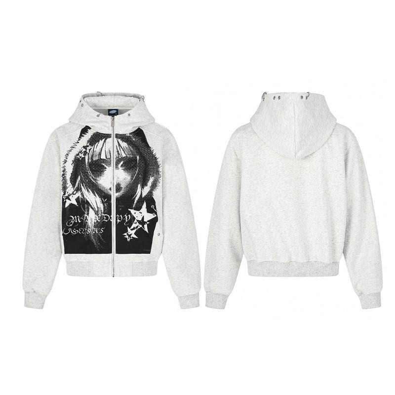 Y2K Streetwear Kapuzen-Reißverschluss-Sweatshirt Teens Unisex Cartoon-Print Oversized Baumwoll-Pullover Herbst