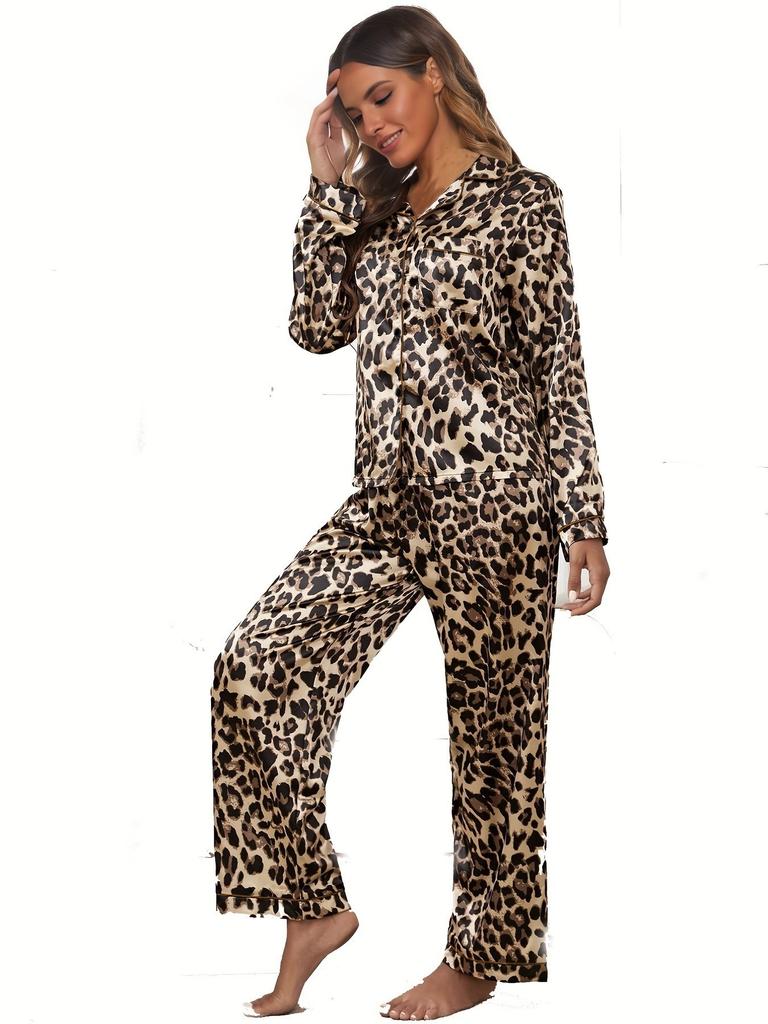 Loungewear für Damen im europäischen und amerikanischen Stil für Frühling und Herbst, bequemes Satin-Pyjama-Set, lässige 2-teilige bedruckte Homewear